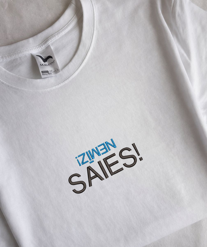 Izšūts spoguļattēla teksts uz balta unisex T-krekla