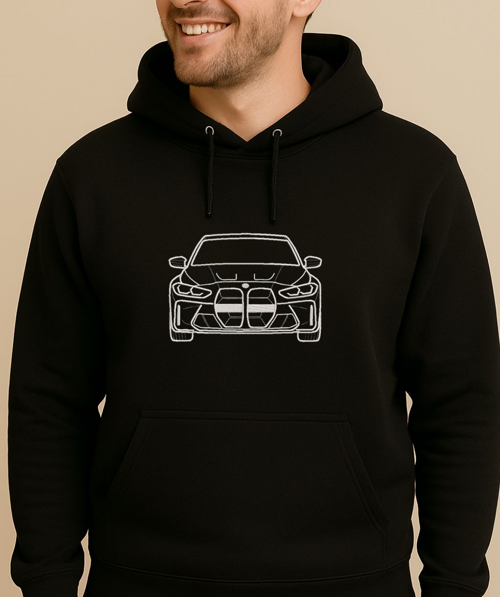 BMW auto silueta izšuvums uz melna hūdija