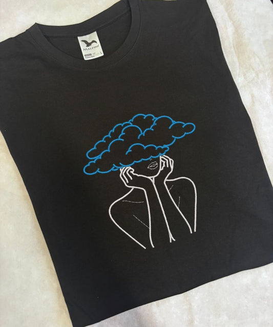 Simplified woman siluet line embroidery, head in the cloud design,t shirt, unisex