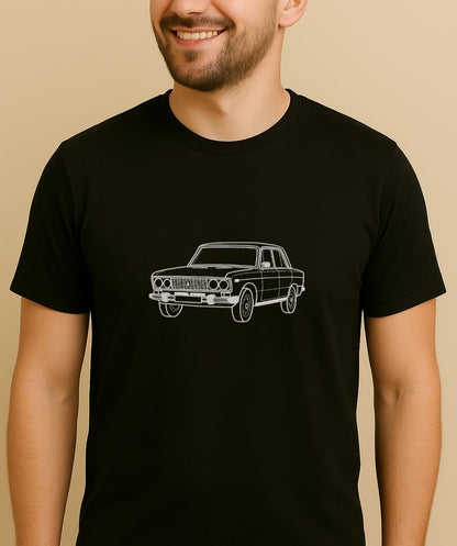 embroidery, t-shirt with a white car graphic siluet line design, lada VAZ, side view