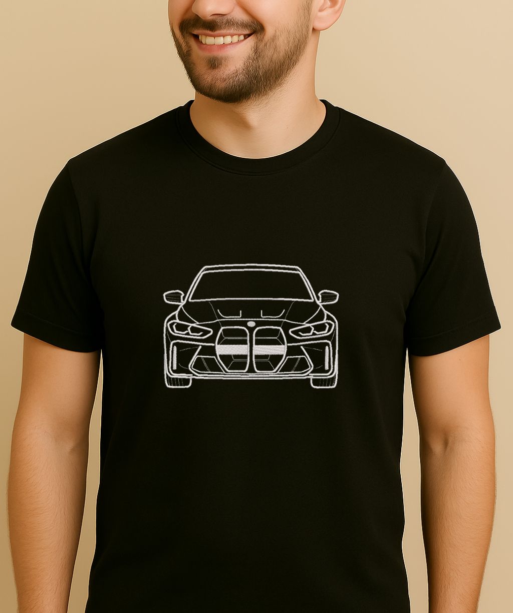 Auto silueta izšuvums uz unisex T-krekla, skats no priekšas