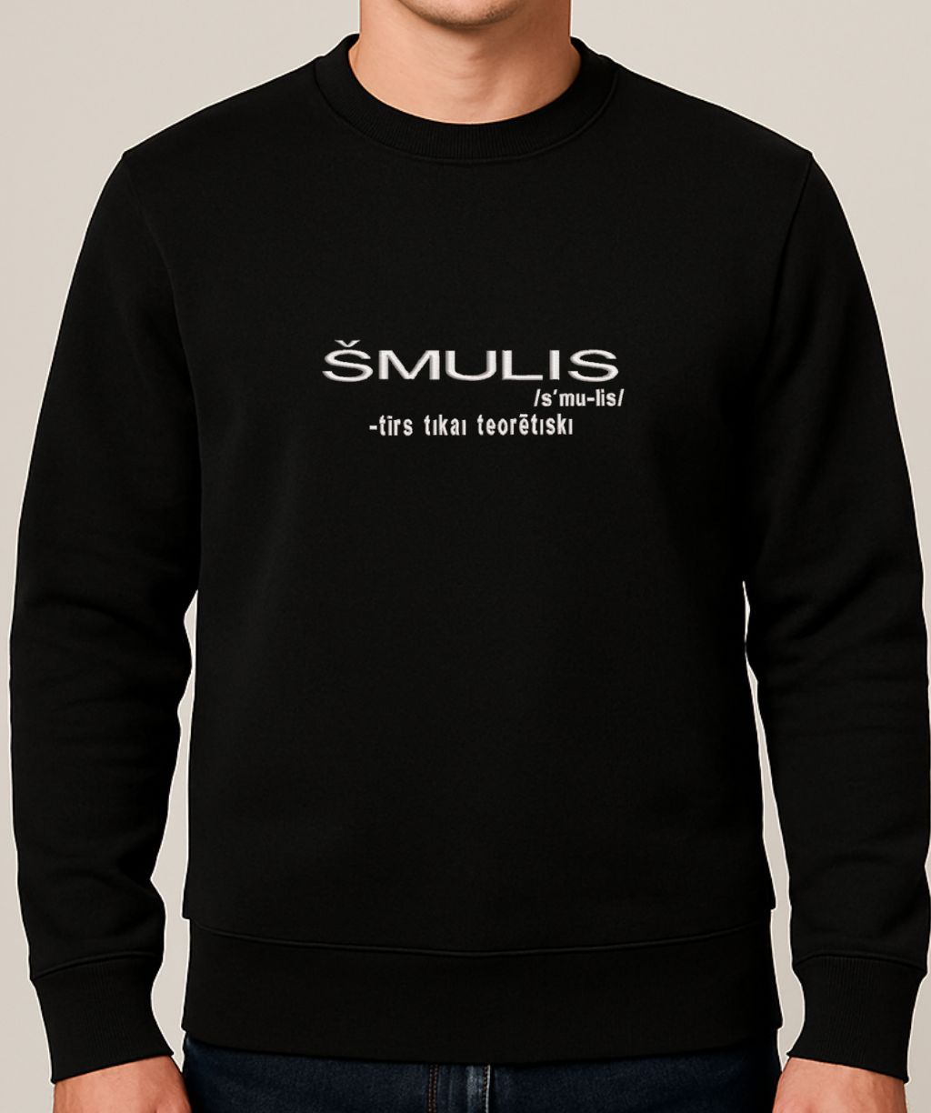 Izšūts teksts uz melna unisex džempera